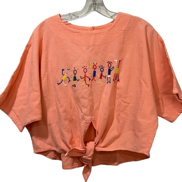 Renata B Small Vintage Coral Cropped Children Embroidered 100% Cotton Top G3 - Picture 1 of 5